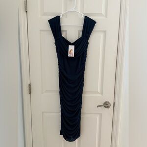 Elegant Navy Blue Draped Women's Dress NWT! PrettyGarden (size small)